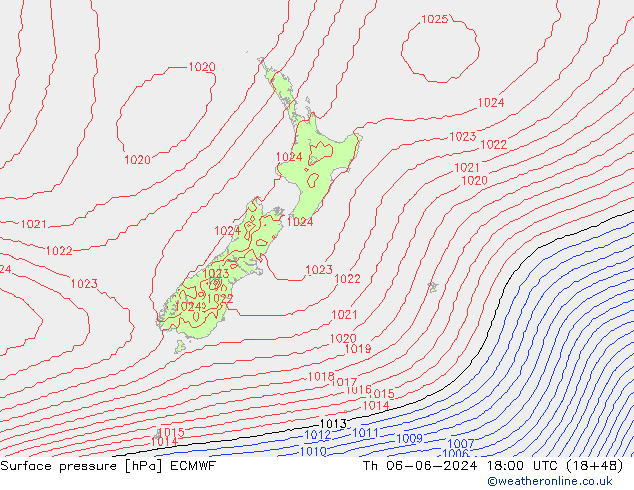 Presión superficial ECMWF jue 06.06.2024 18 UTC