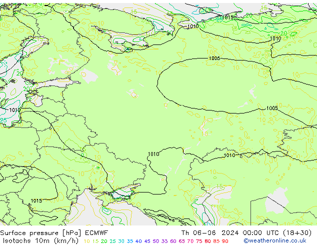 Isotachen (km/h) ECMWF do 06.06.2024 00 UTC