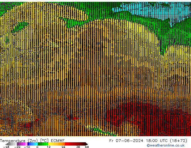 Temperature (2m) ECMWF Pá 07.06.2024 18 UTC