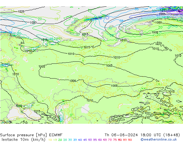 Isotachs (kph) ECMWF Th 06.06.2024 18 UTC