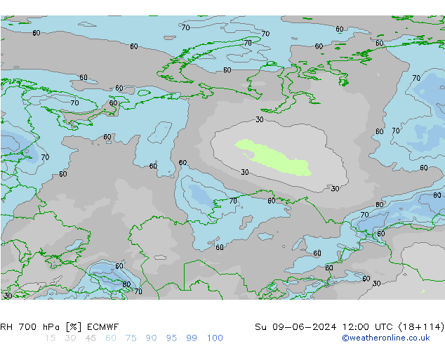 RH 700 гПа ECMWF Вс 09.06.2024 12 UTC