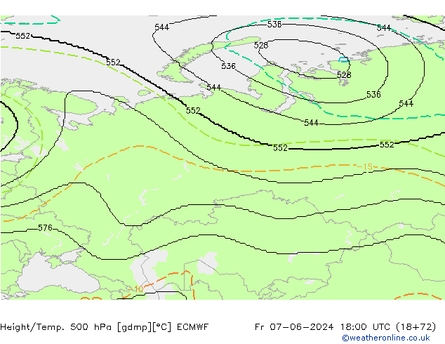 Height/Temp. 500 hPa ECMWF ven 07.06.2024 18 UTC