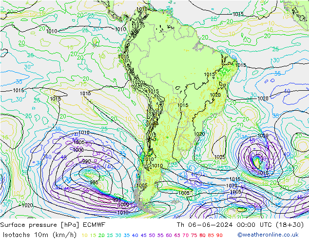 Isotaca (kph) ECMWF jue 06.06.2024 00 UTC