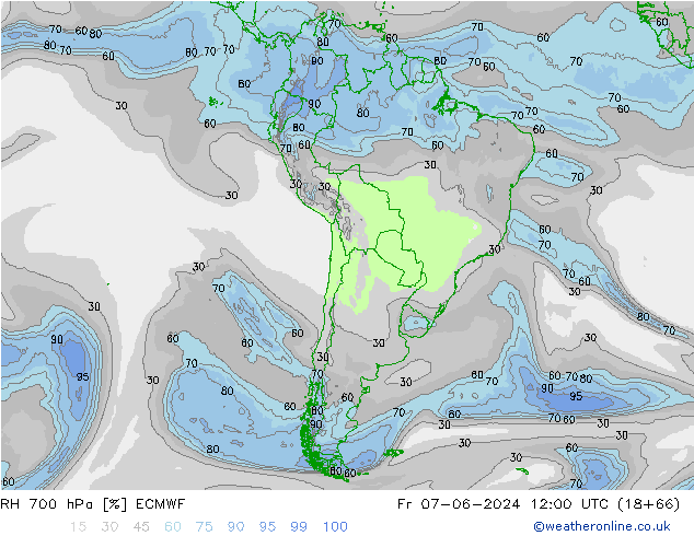 Humedad rel. 700hPa ECMWF vie 07.06.2024 12 UTC