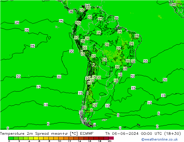 Temperatura 2m Spread ECMWF gio 06.06.2024 00 UTC