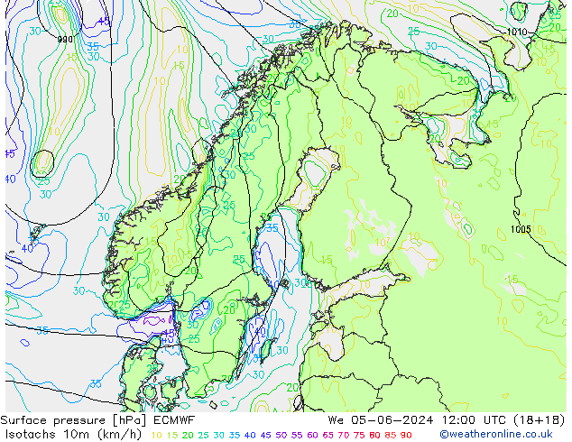 Isotachs (kph) ECMWF mer 05.06.2024 12 UTC