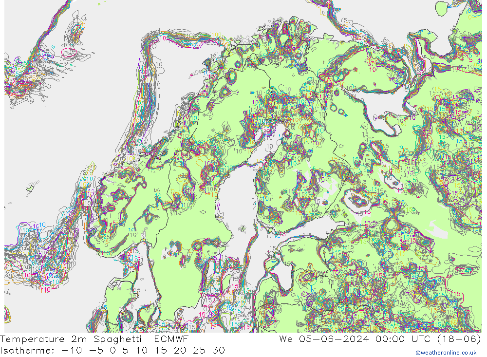 温度图 Spaghetti ECMWF 星期三 05.06.2024 00 UTC