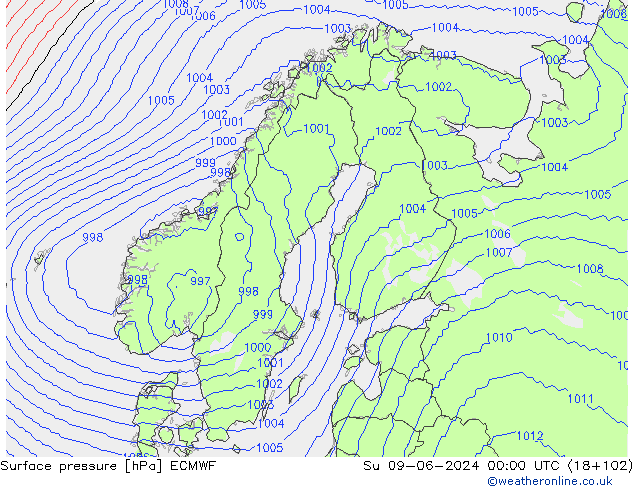 Pressione al suolo ECMWF dom 09.06.2024 00 UTC