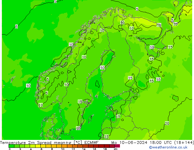 Temperatura 2m Spread ECMWF Seg 10.06.2024 18 UTC