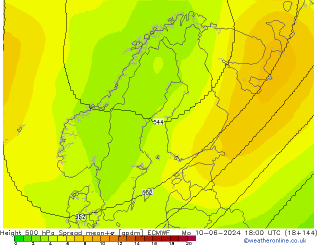 Height 500 гПа Spread ECMWF пн 10.06.2024 18 UTC