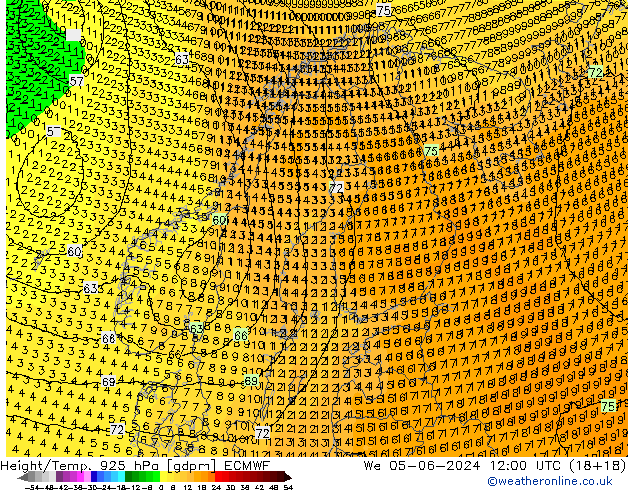 Height/Temp. 925 hPa ECMWF Qua 05.06.2024 12 UTC