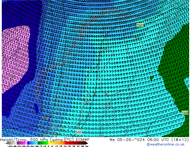 Height/Temp. 500 hPa ECMWF Mi 05.06.2024 06 UTC