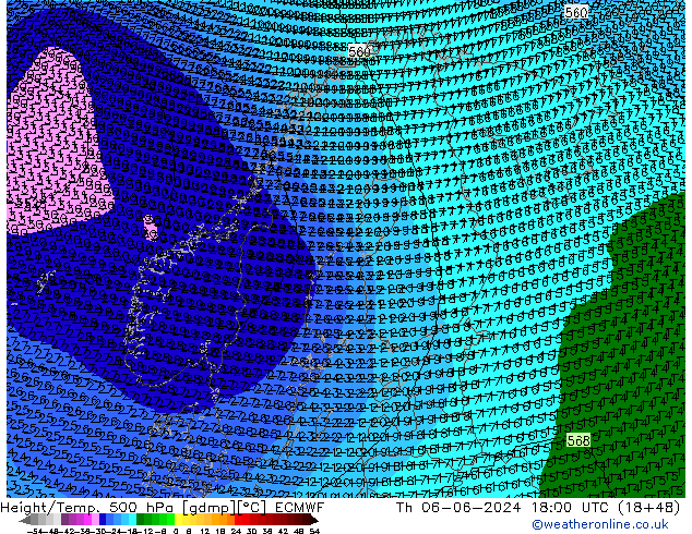 Height/Temp. 500 hPa ECMWF Do 06.06.2024 18 UTC