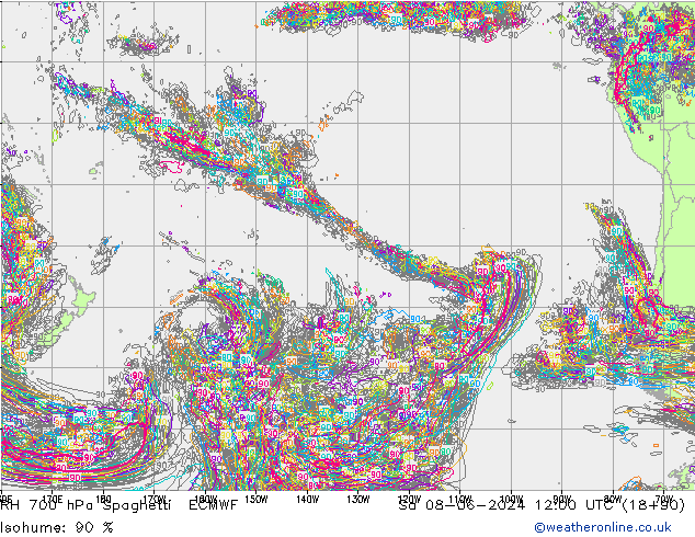 RH 700 hPa Spaghetti ECMWF sab 08.06.2024 12 UTC