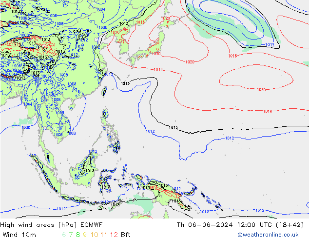 High wind areas ECMWF Čt 06.06.2024 12 UTC