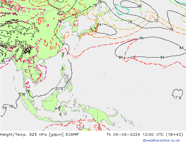 Height/Temp. 925 hPa ECMWF Čt 06.06.2024 12 UTC