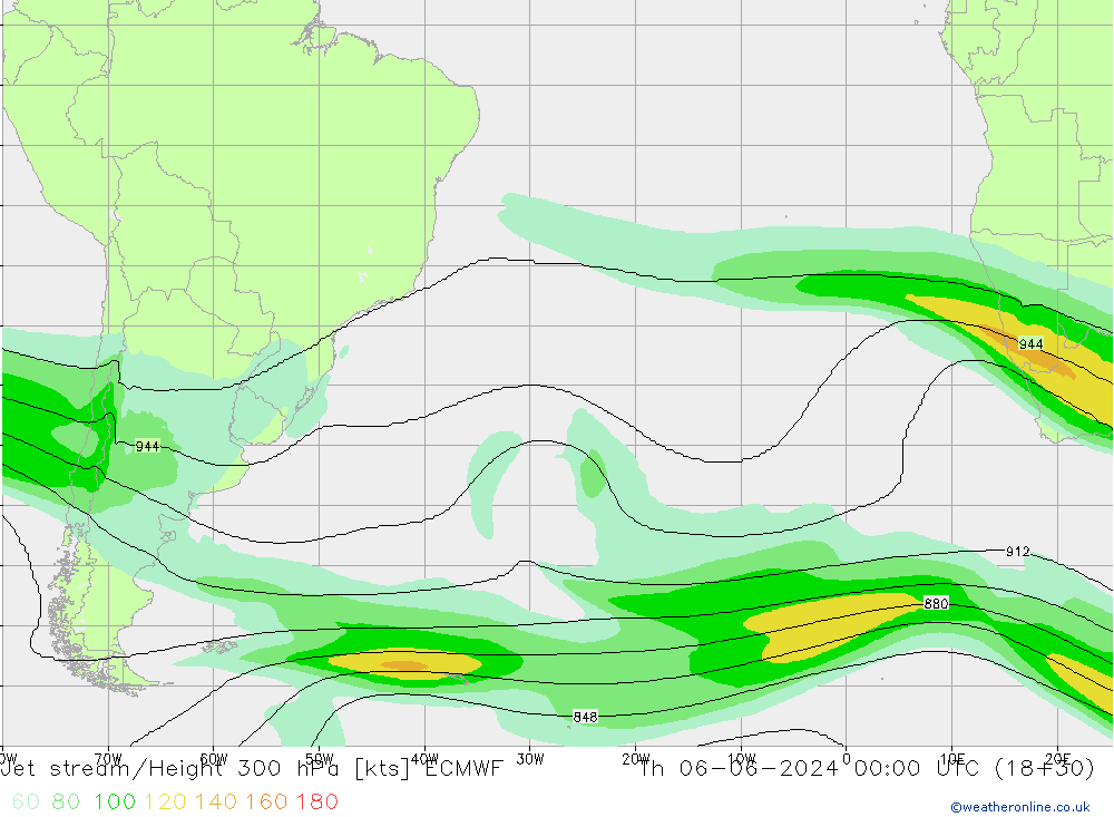 Jet stream/Height 300 hPa ECMWF Čt 06.06.2024 00 UTC