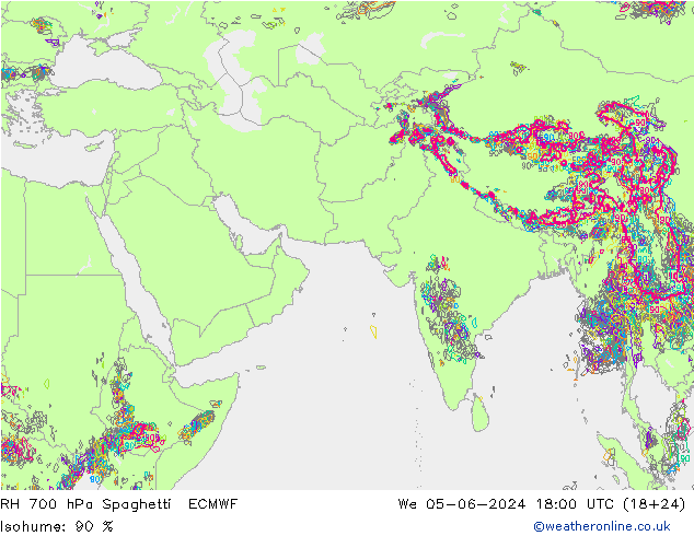 Humidité rel. 700 hPa Spaghetti ECMWF mer 05.06.2024 18 UTC