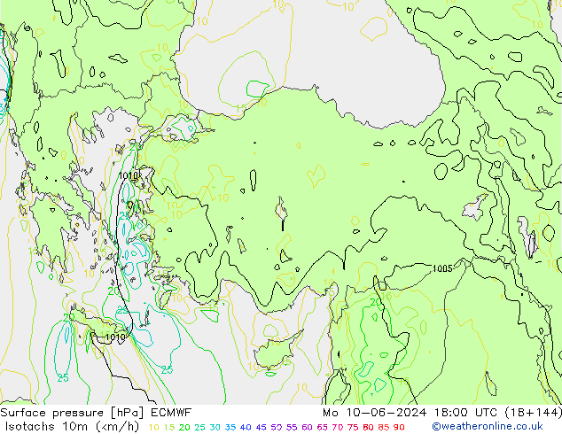 Isotachen (km/h) ECMWF Mo 10.06.2024 18 UTC