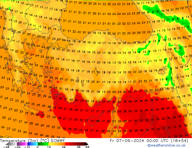 Temperature (2m) ECMWF Fr 07.06.2024 00 UTC