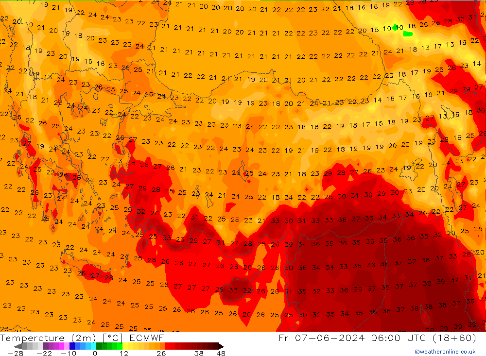 Temperature (2m) ECMWF Pá 07.06.2024 06 UTC