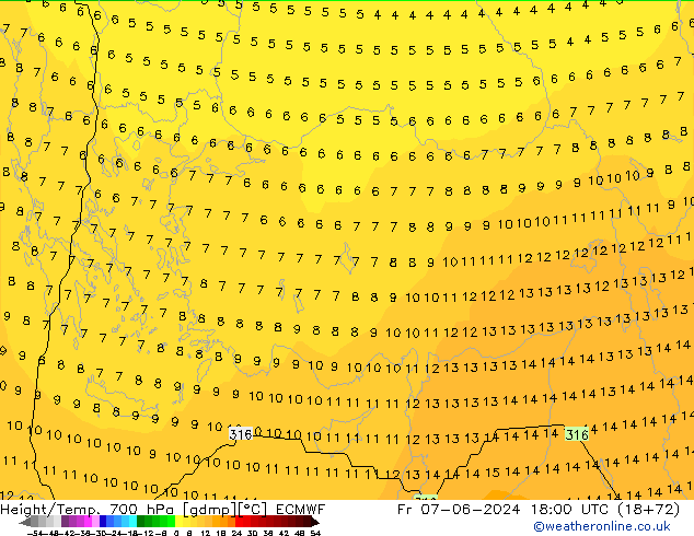 Geop./Temp. 700 hPa ECMWF vie 07.06.2024 18 UTC