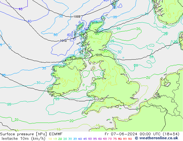 Isotachs (kph) ECMWF Fr 07.06.2024 00 UTC