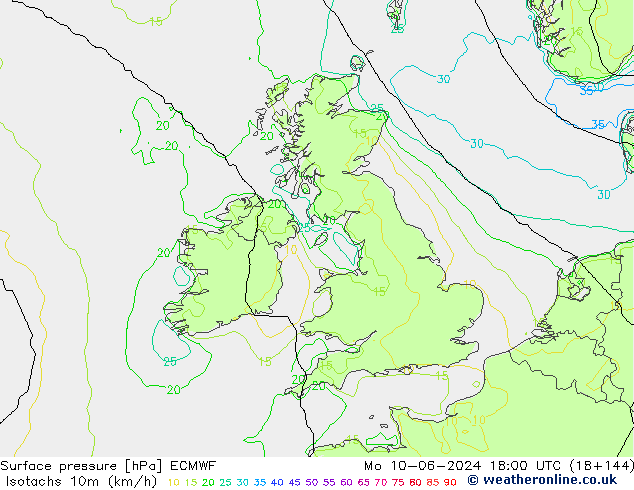 Isotachs (kph) ECMWF Mo 10.06.2024 18 UTC