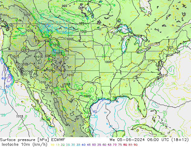 Isotachen (km/h) ECMWF wo 05.06.2024 06 UTC