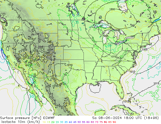 Isotachs (kph) ECMWF Sa 08.06.2024 18 UTC