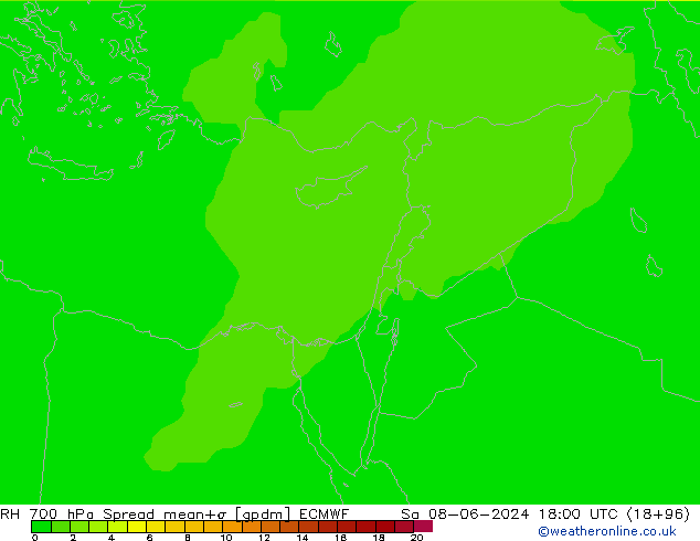 Humedad rel. 700hPa Spread ECMWF sáb 08.06.2024 18 UTC