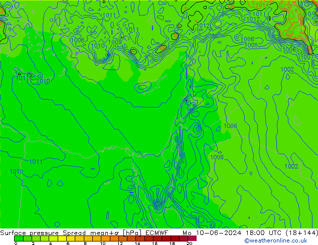 Presión superficial Spread ECMWF lun 10.06.2024 18 UTC