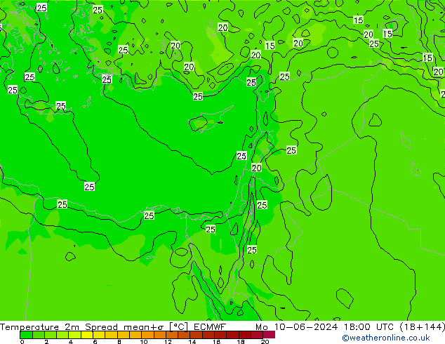 mapa temperatury 2m Spread ECMWF pon. 10.06.2024 18 UTC