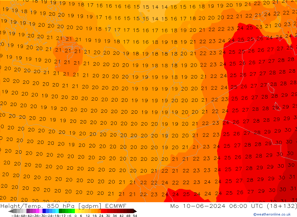 Height/Temp. 850 hPa ECMWF lun 10.06.2024 06 UTC