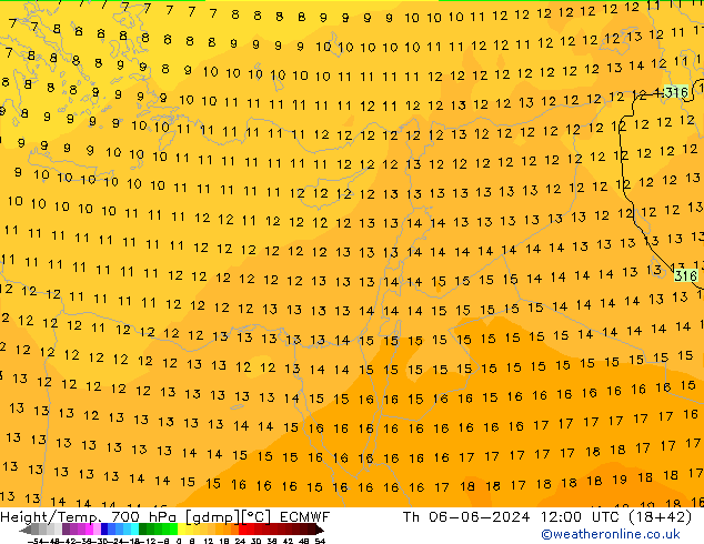 Height/Temp. 700 hPa ECMWF Qui 06.06.2024 12 UTC