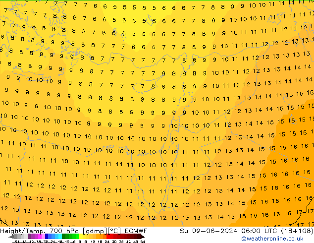 Height/Temp. 700 гПа ECMWF Вс 09.06.2024 06 UTC