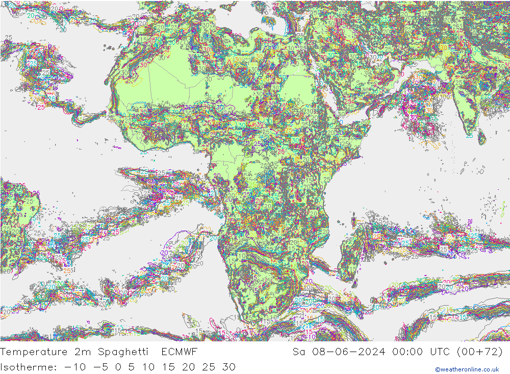 Temperature 2m Spaghetti ECMWF Sa 08.06.2024 00 UTC