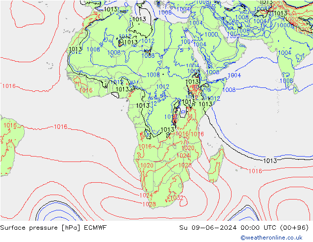 Presión superficial ECMWF dom 09.06.2024 00 UTC