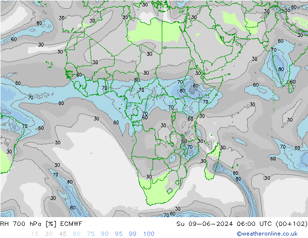 Humidité rel. 700 hPa ECMWF dim 09.06.2024 06 UTC