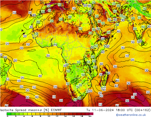 Izotacha Spread ECMWF wto. 11.06.2024 18 UTC