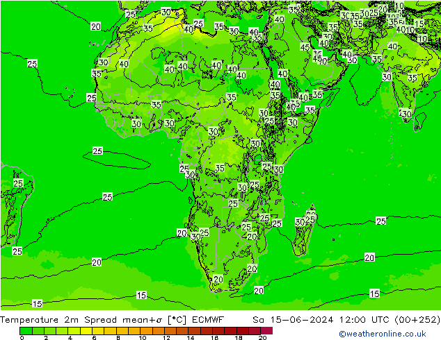 Temperatura 2m Spread ECMWF sab 15.06.2024 12 UTC