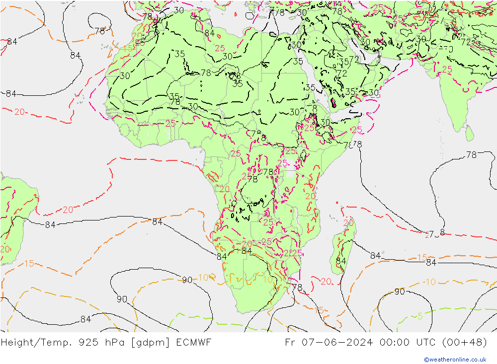 Height/Temp. 925 hPa ECMWF Fr 07.06.2024 00 UTC