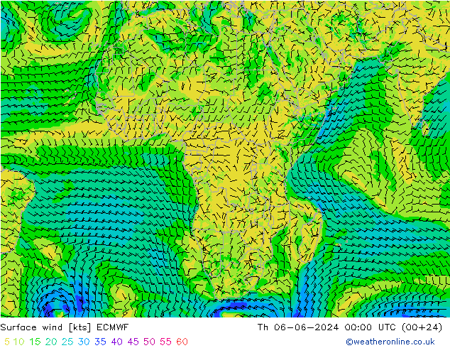 Vento 10 m ECMWF gio 06.06.2024 00 UTC