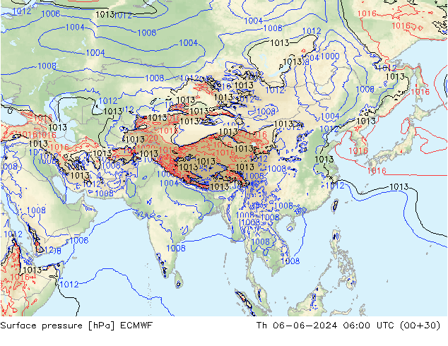 Luchtdruk (Grond) ECMWF do 06.06.2024 06 UTC