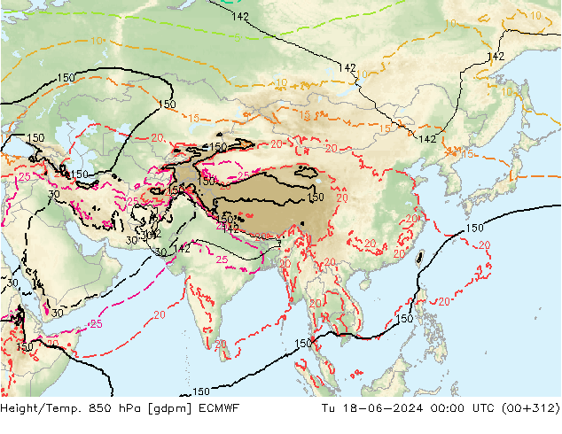 Height/Temp. 850 гПа ECMWF вт 18.06.2024 00 UTC