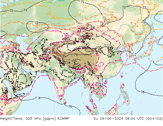 Height/Temp. 925 гПа ECMWF Вс 09.06.2024 06 UTC