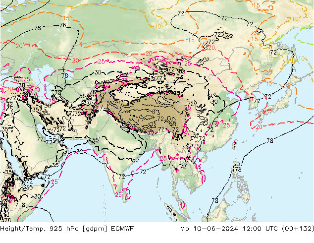 Height/Temp. 925 hPa ECMWF Mo 10.06.2024 12 UTC