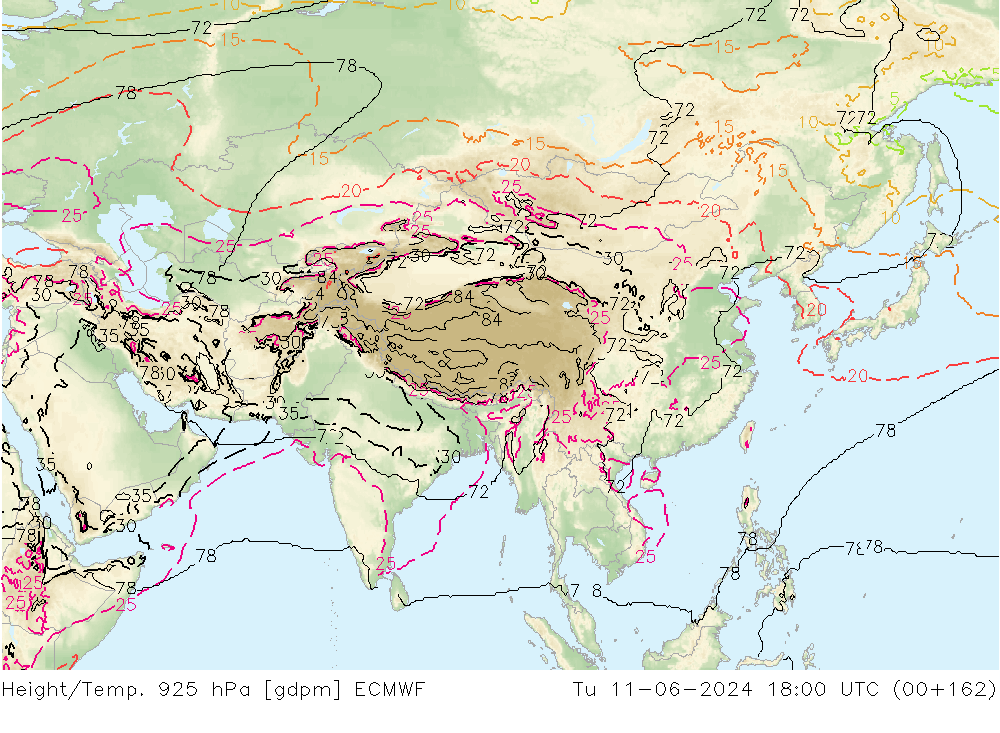 Yükseklik/Sıc. 925 hPa ECMWF Sa 11.06.2024 18 UTC