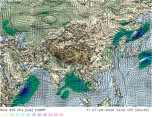 Vento 925 hPa ECMWF ven 07.06.2024 12 UTC