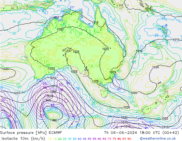 Isotachs (kph) ECMWF Th 06.06.2024 18 UTC